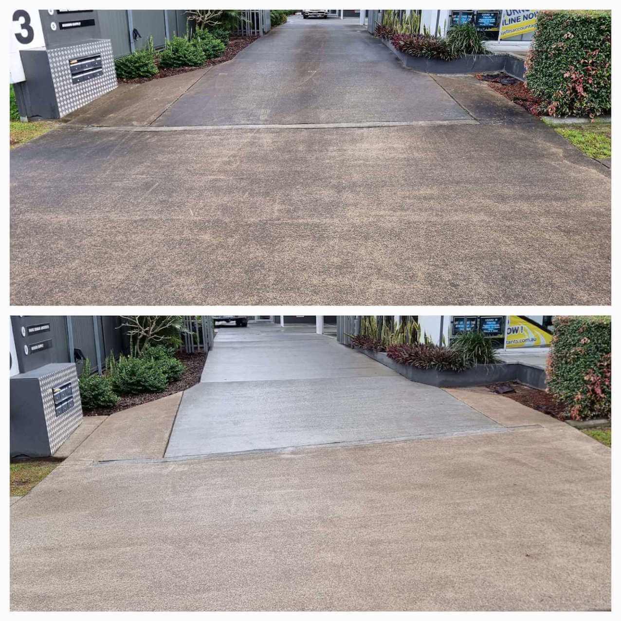 UP2 Cleaning before and after concrete pressure cleaning result